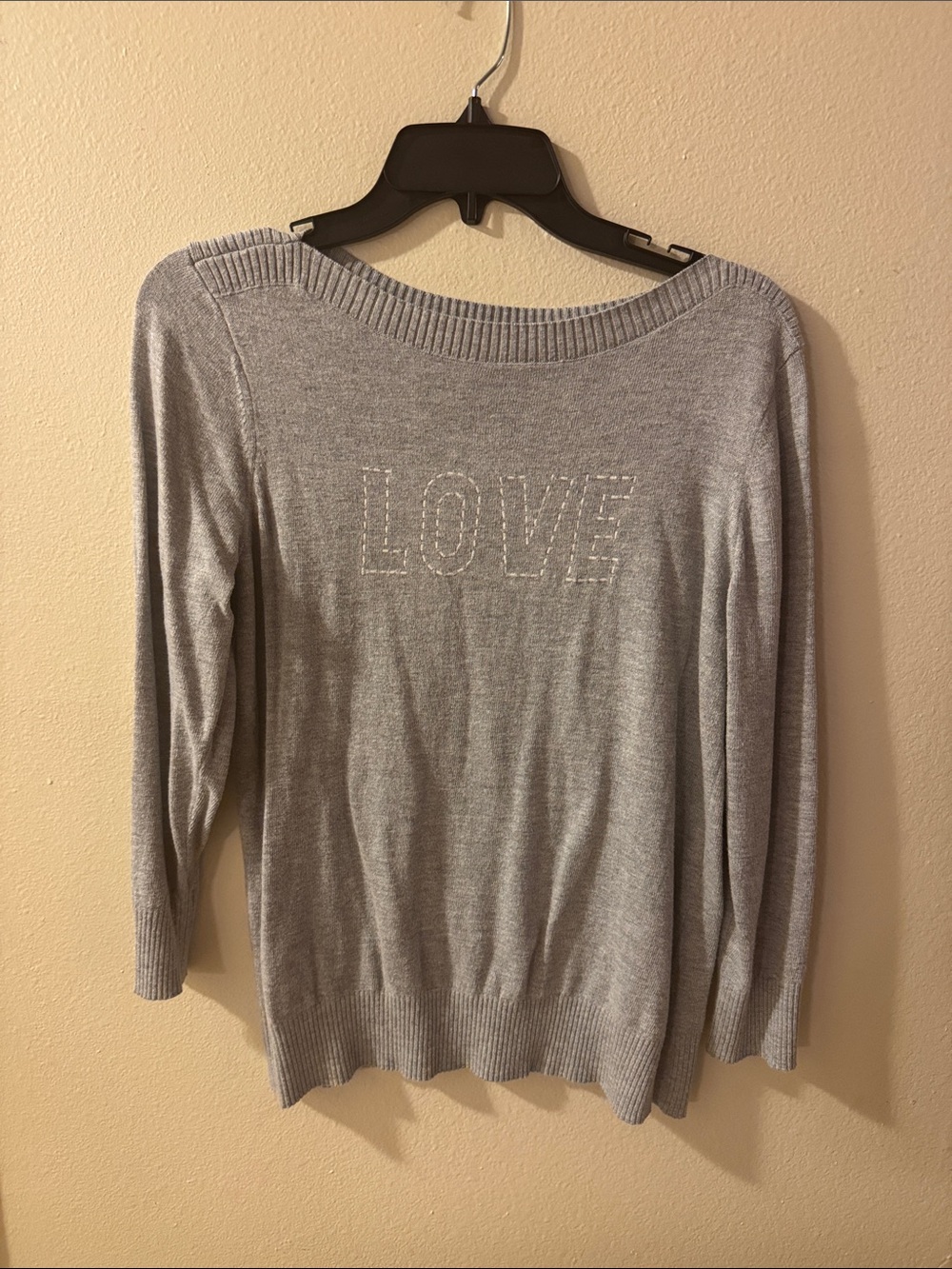 LOFT Light Gray Off-the-Shoulder LOVE Embellished Sweater